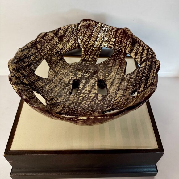 Art Studio Basket Weave Glazed Pottery Bowl 4 Footed Round Brown White READ - Picture 16 of 16